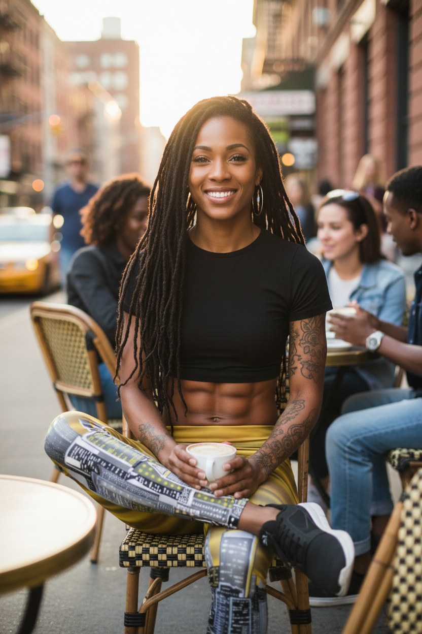 Woman wearing Loria NYC Art leggings sitting outdoors in an urban setting, holding a cup.