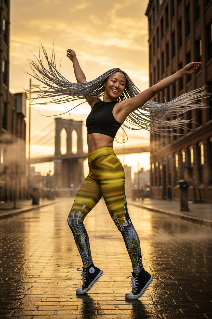 Person in Loria NYC Art athletic wear with a cityscape and Brooklyn Bridge in the background