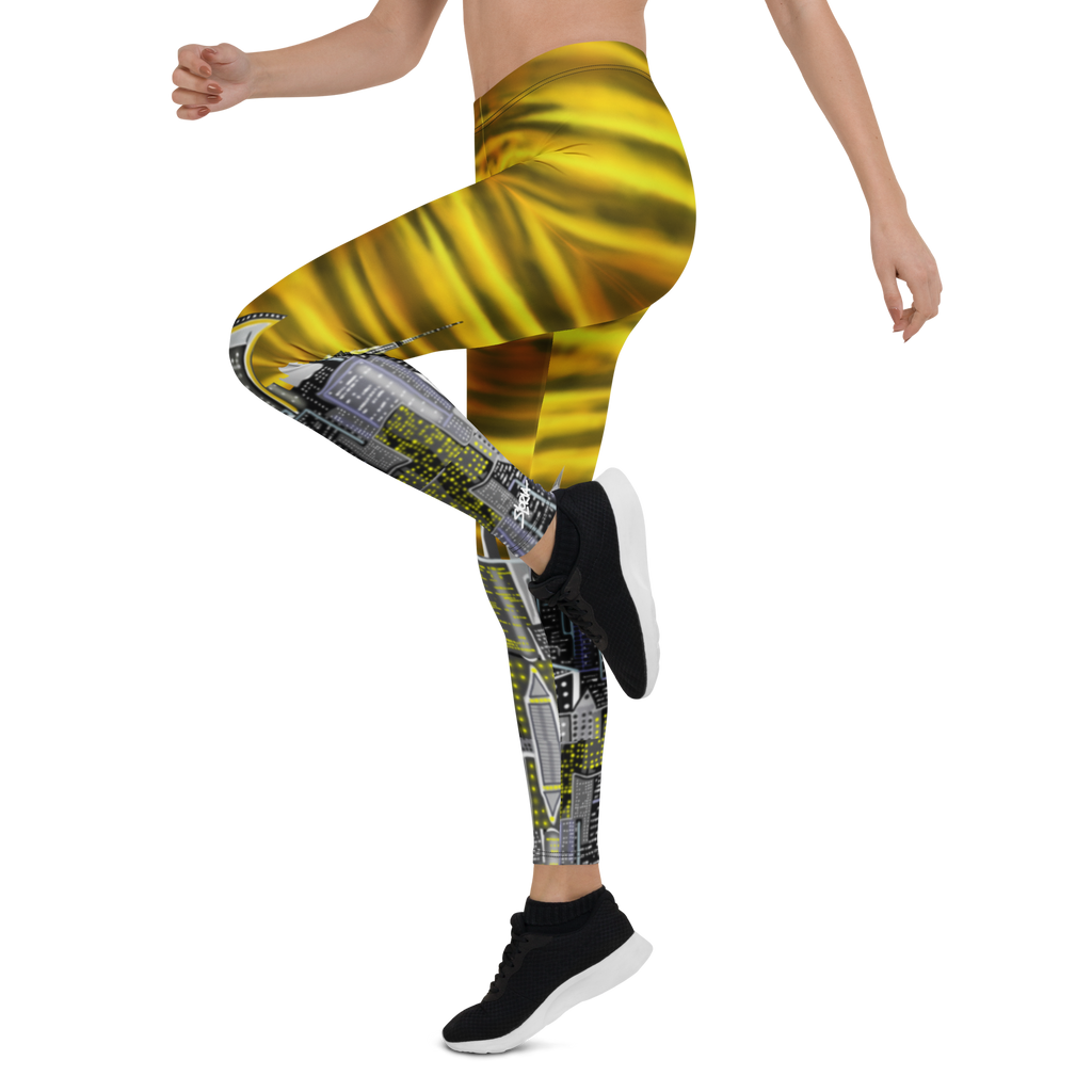 Person wearing yellow and gray patterned Loria NYC Art leggings on a white background