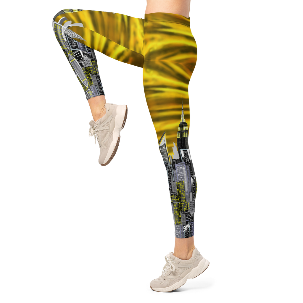 Leggings with a cityscape Loria NYC Art design worn by a person on a white background