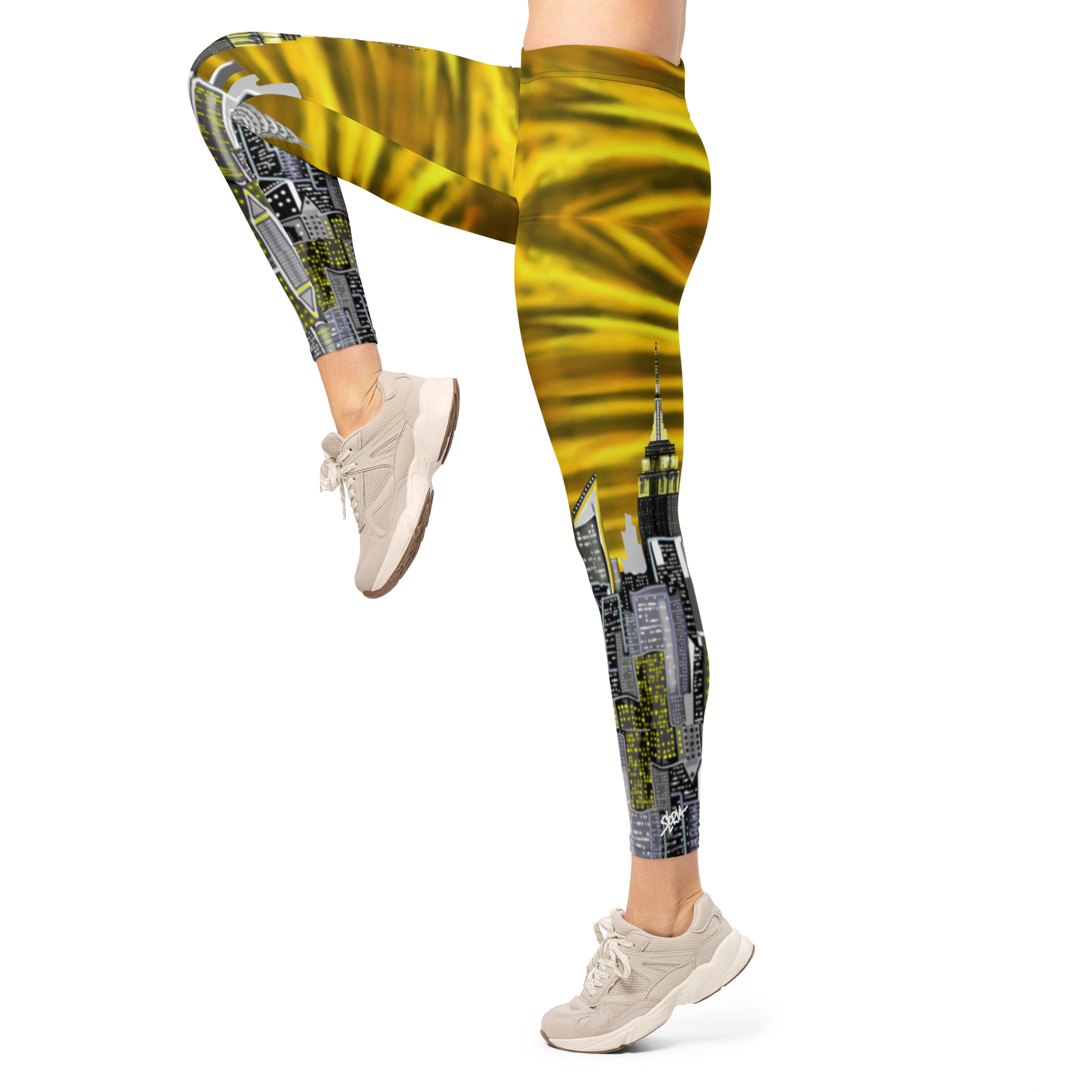 Leggings with a cityscape Loria NYC Art design worn by a person on a white background