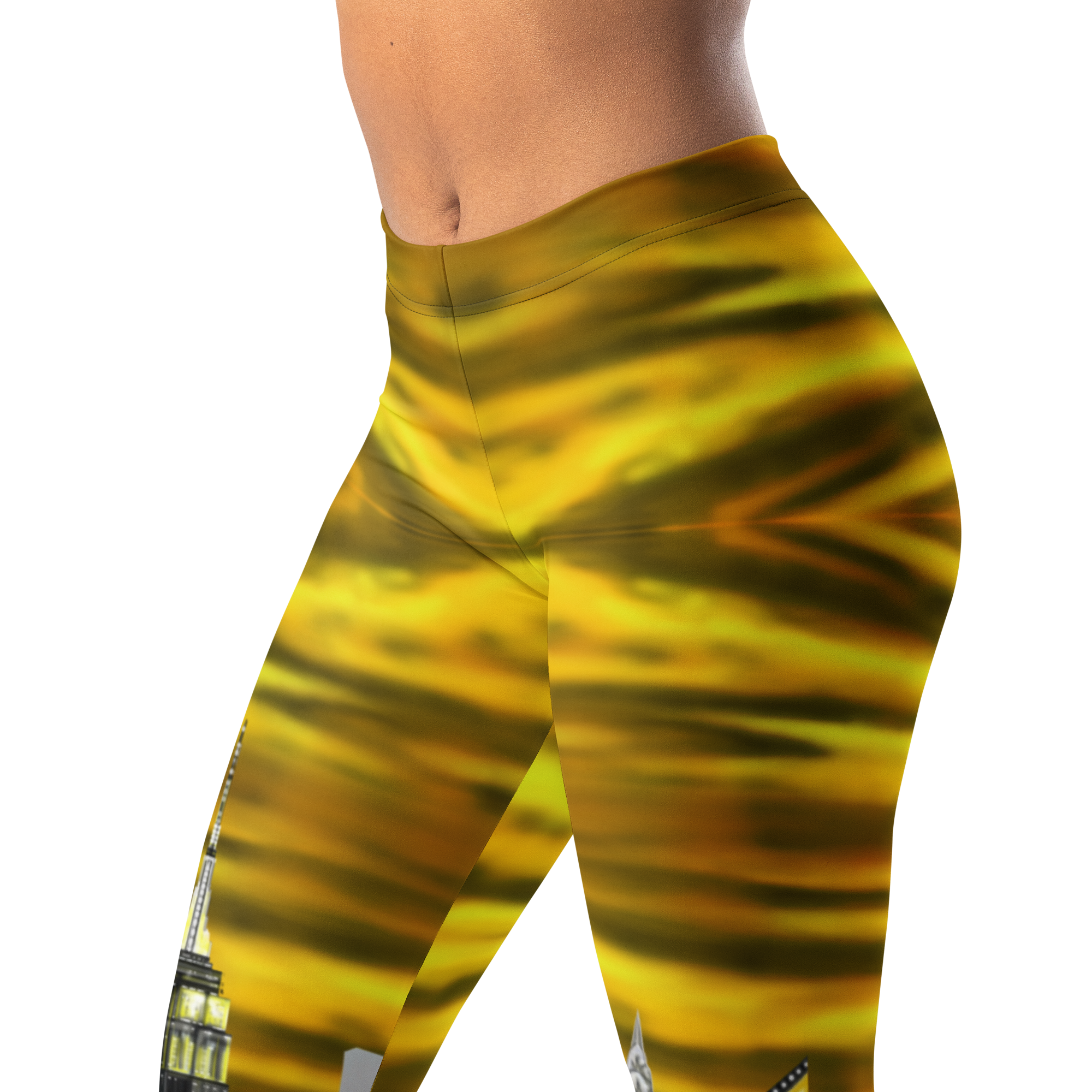 Yellow and black Loria NYC Art leggings on a white background