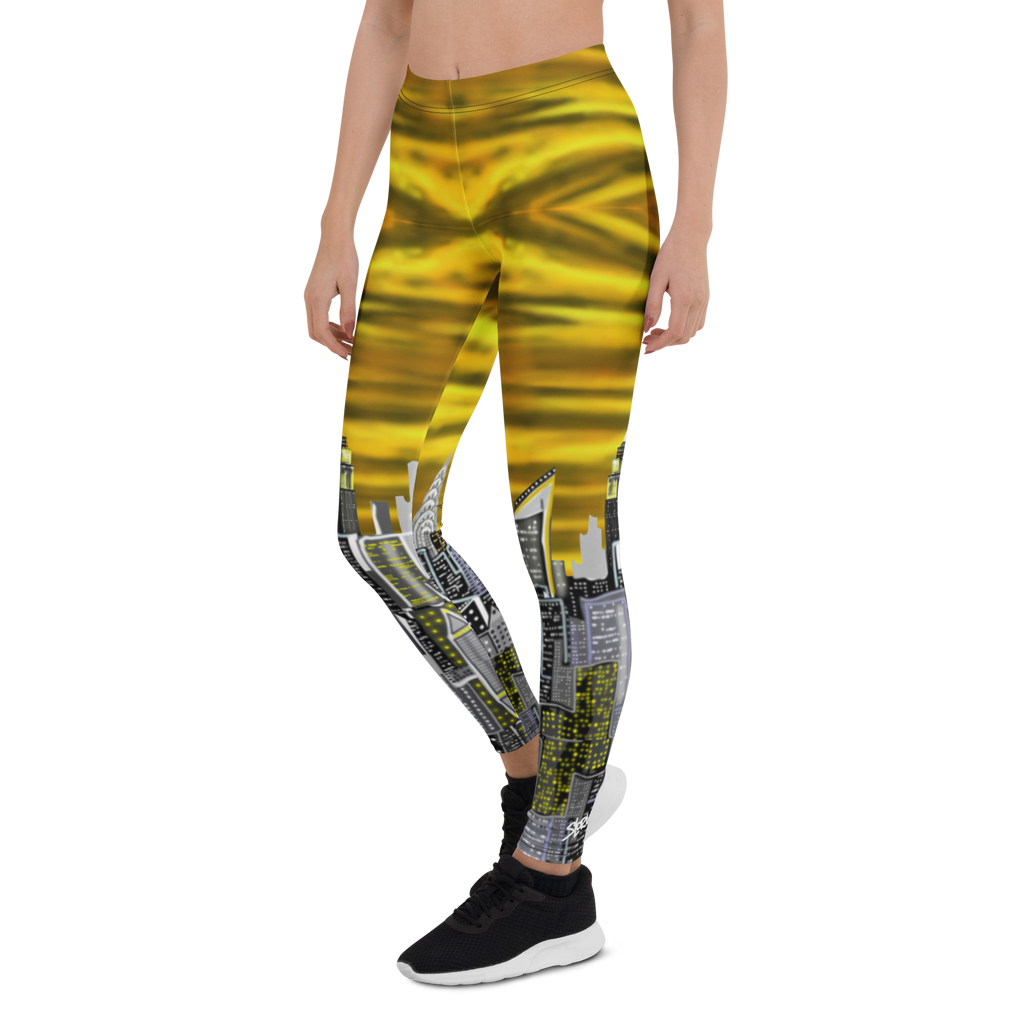 Leggings with a cityscape Loria NYC Art design on a white background