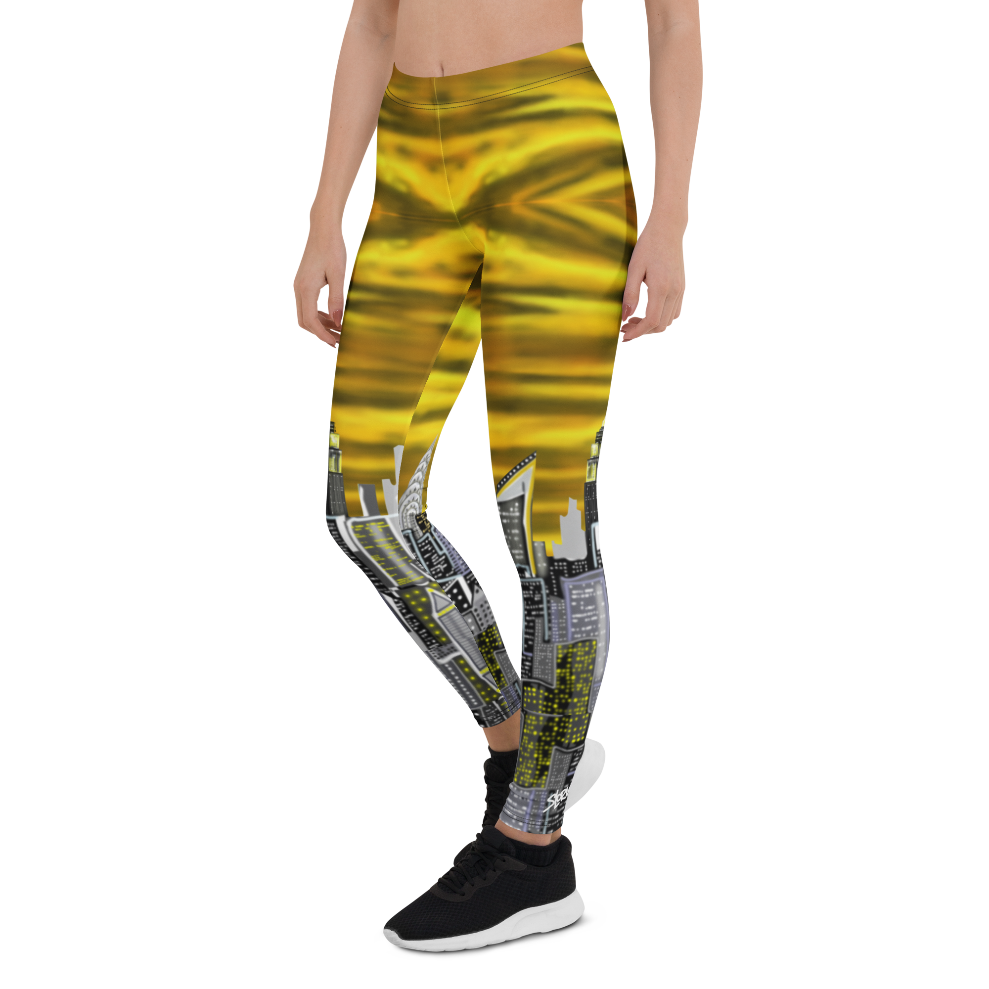 Leggings with a cityscape Loria NYC Art design on a white background