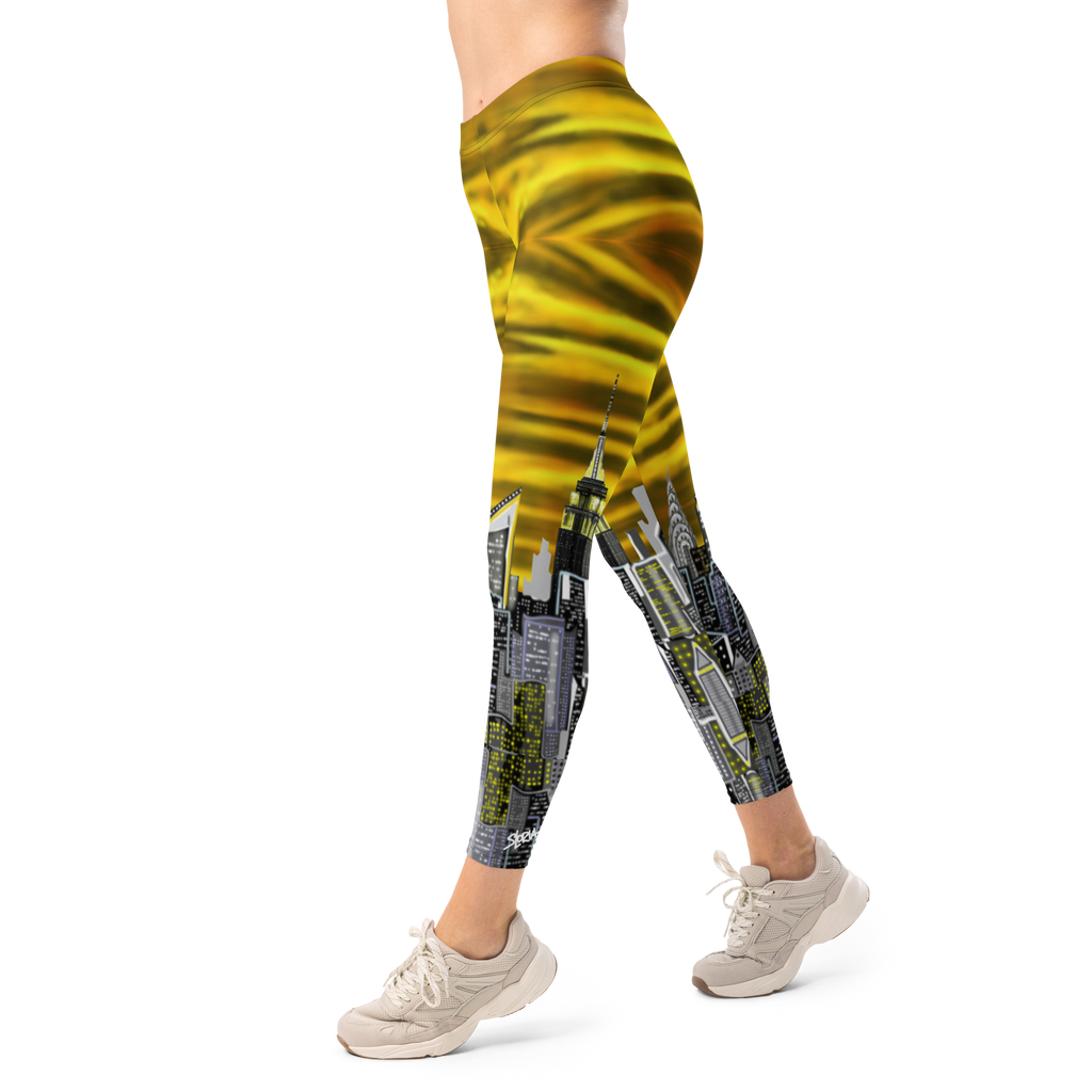 Leggings with a cityscape Loria NYC Art design worn by a person on a white background