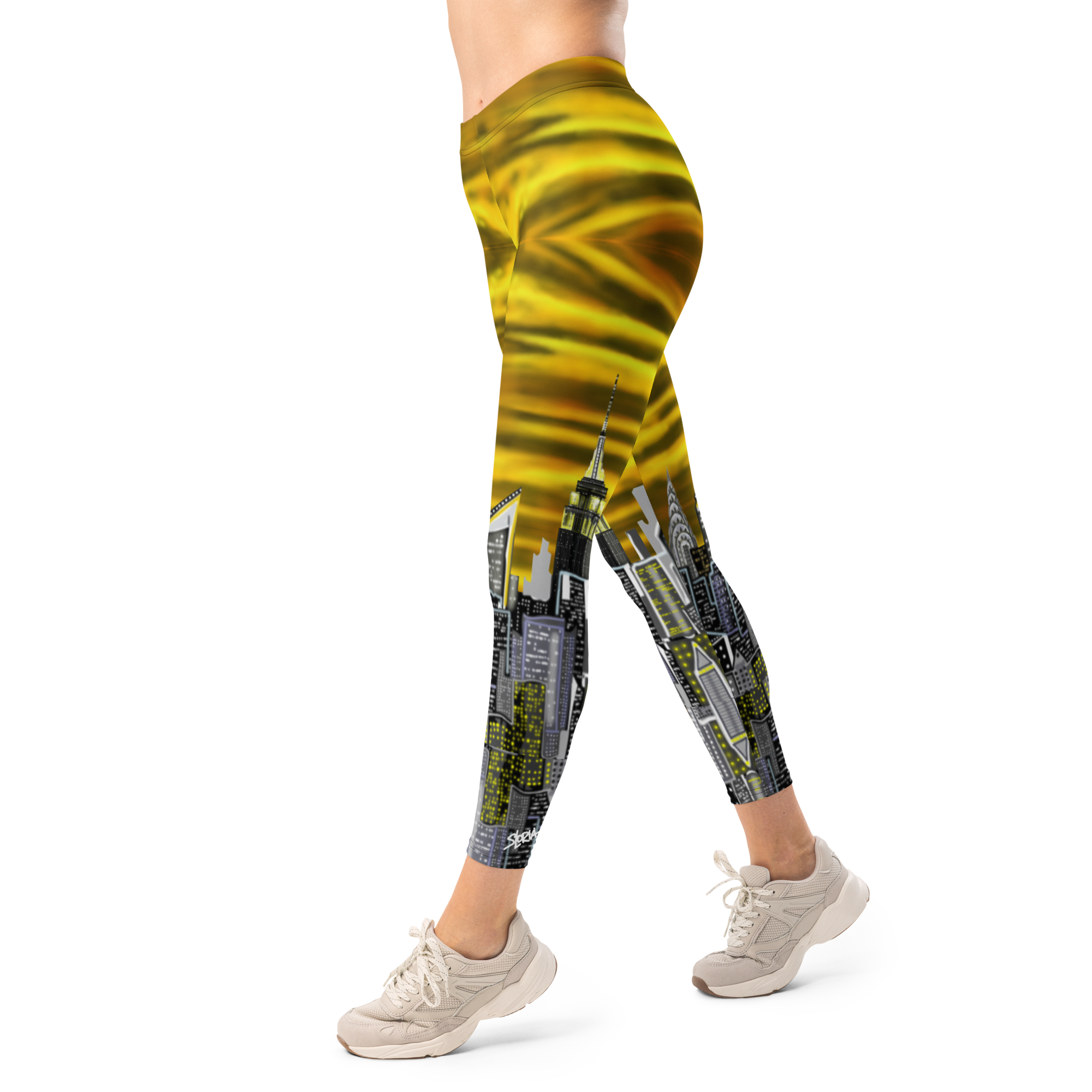 Leggings with a cityscape Loria NYC Art design worn by a person on a white background