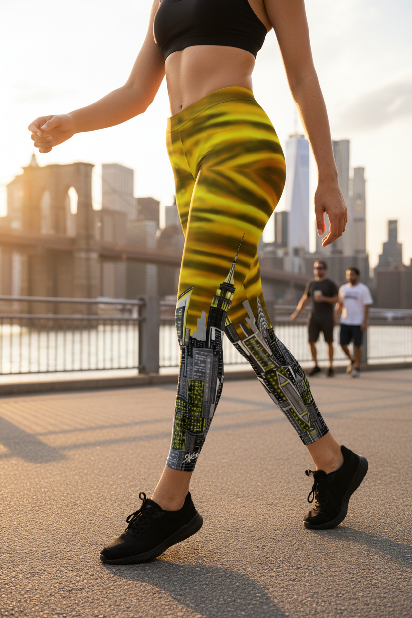 Person wearing colorful LoriaNYC Art leggings with a cityscape background