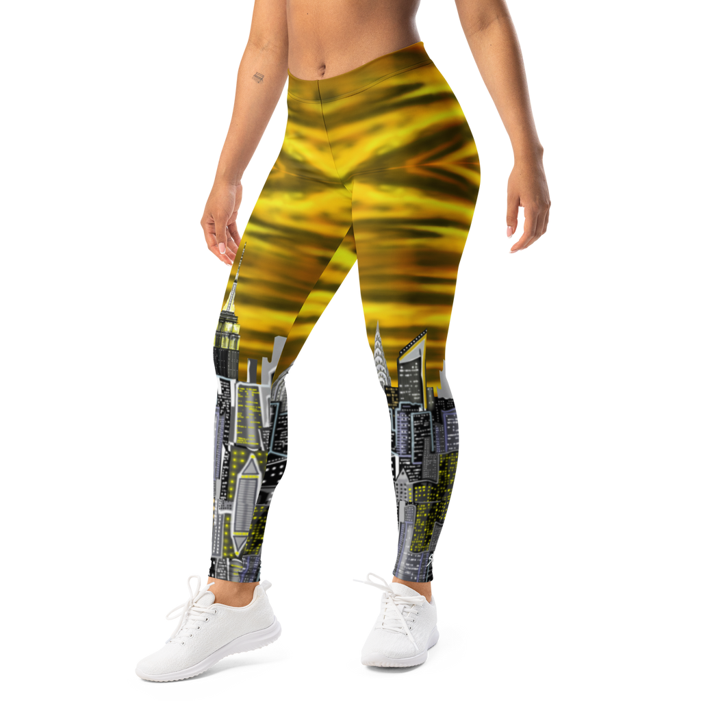 Leggings with a yellow and black abstract Loria NYC Art worn by a person on a white background