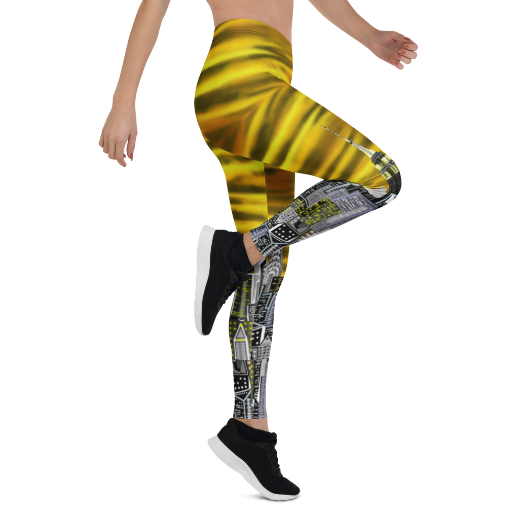Person wearing yellow Loria NYC Art leggings on a white background