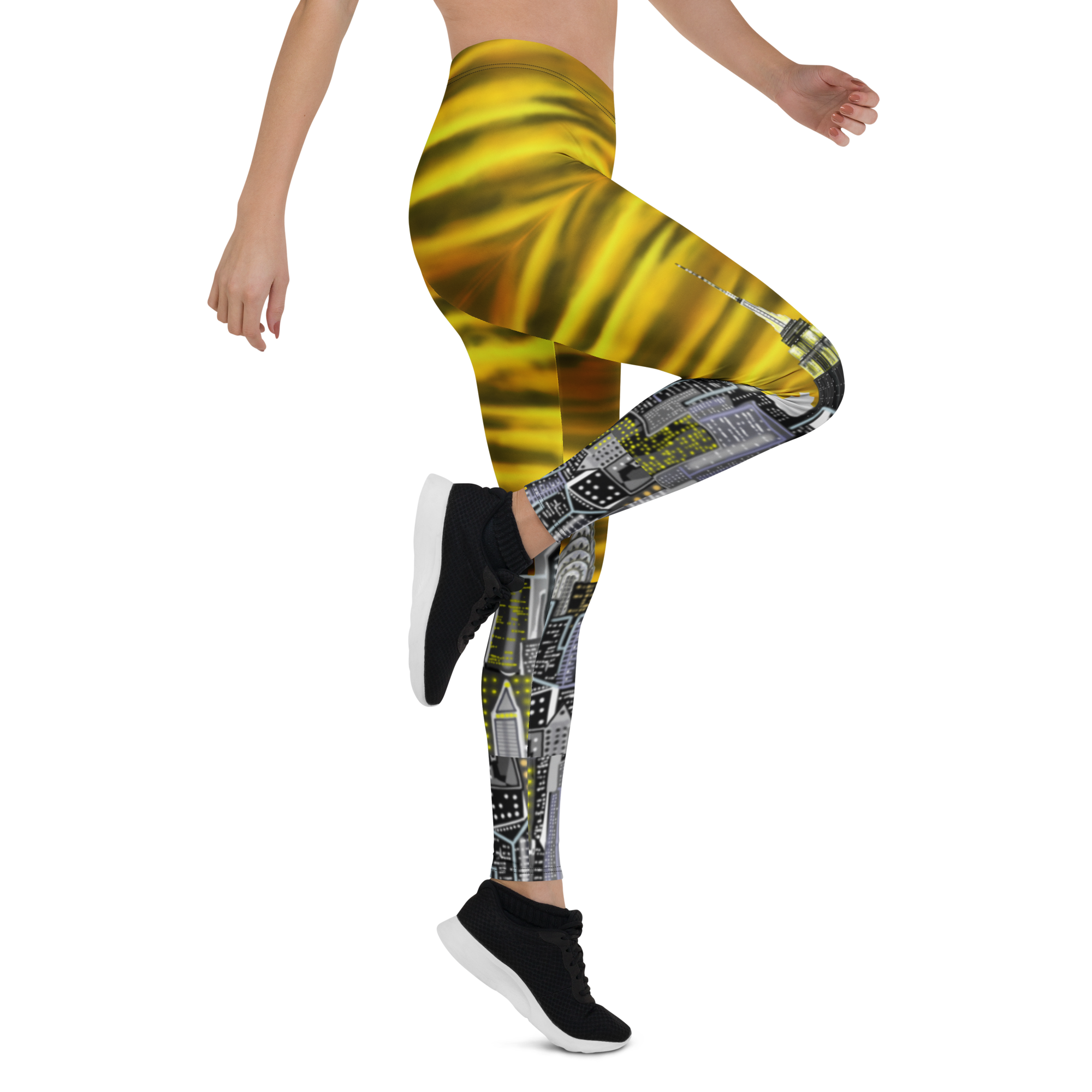 Person wearing yellow Loria NYC Art leggings on a white background