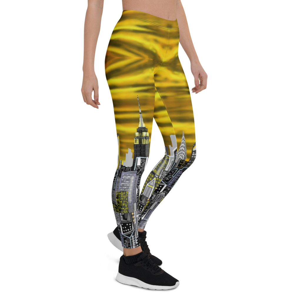 Leggings with a Loria NYC Art cityscape design on a white background