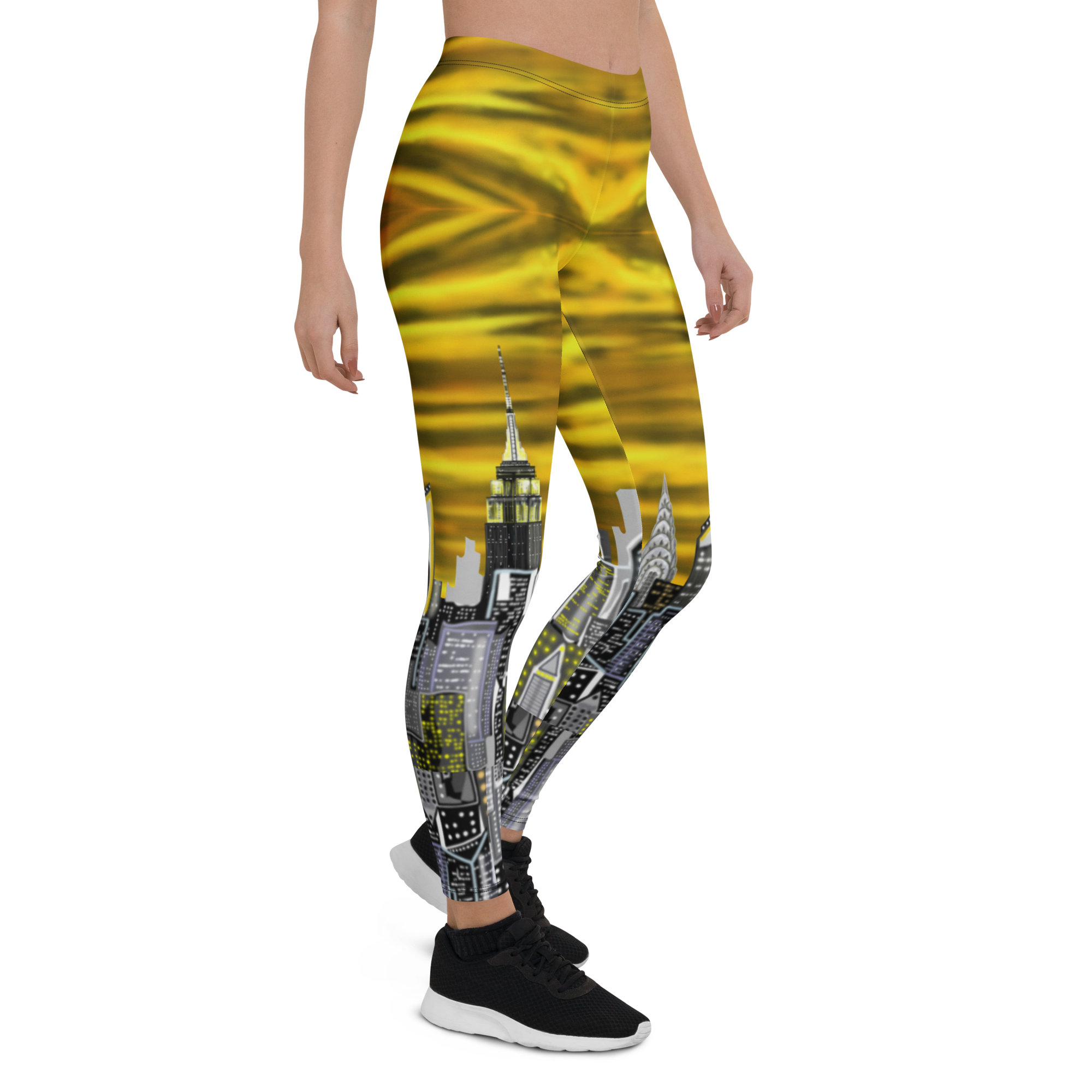 Leggings with a Loria NYC Art cityscape design on a white background