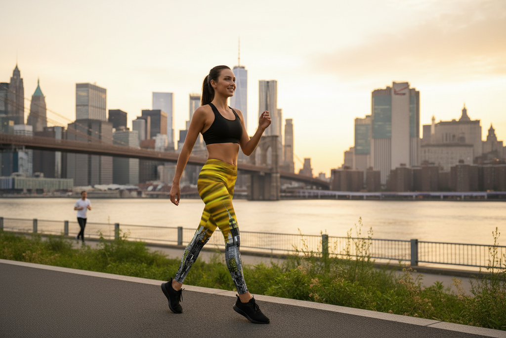 Female jogging in Loria NYC Art leggings with a city skyline in the background.