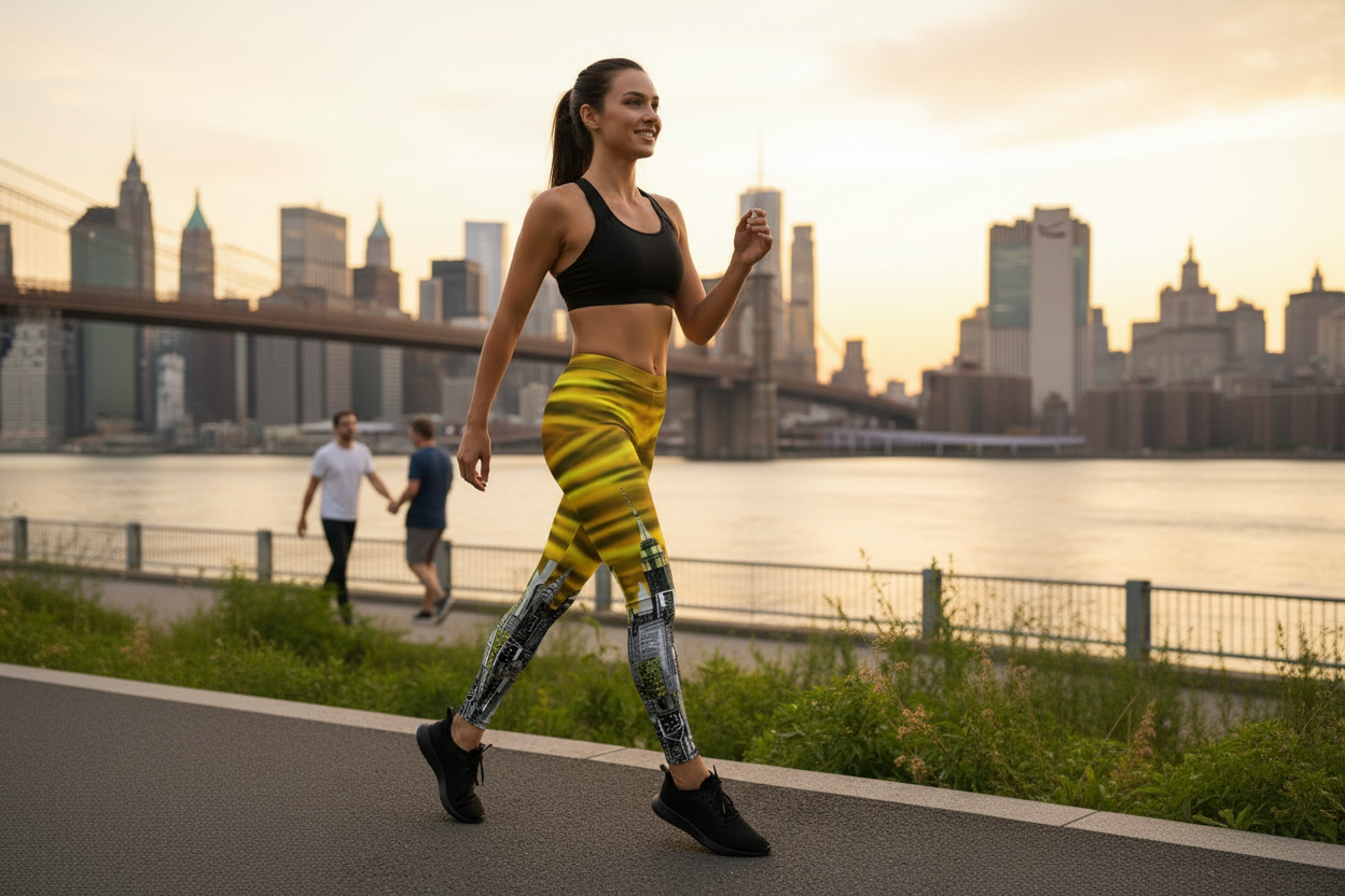 Female jogging in Loria NYC Art leggings along a sidewalk with the city scape in the background.