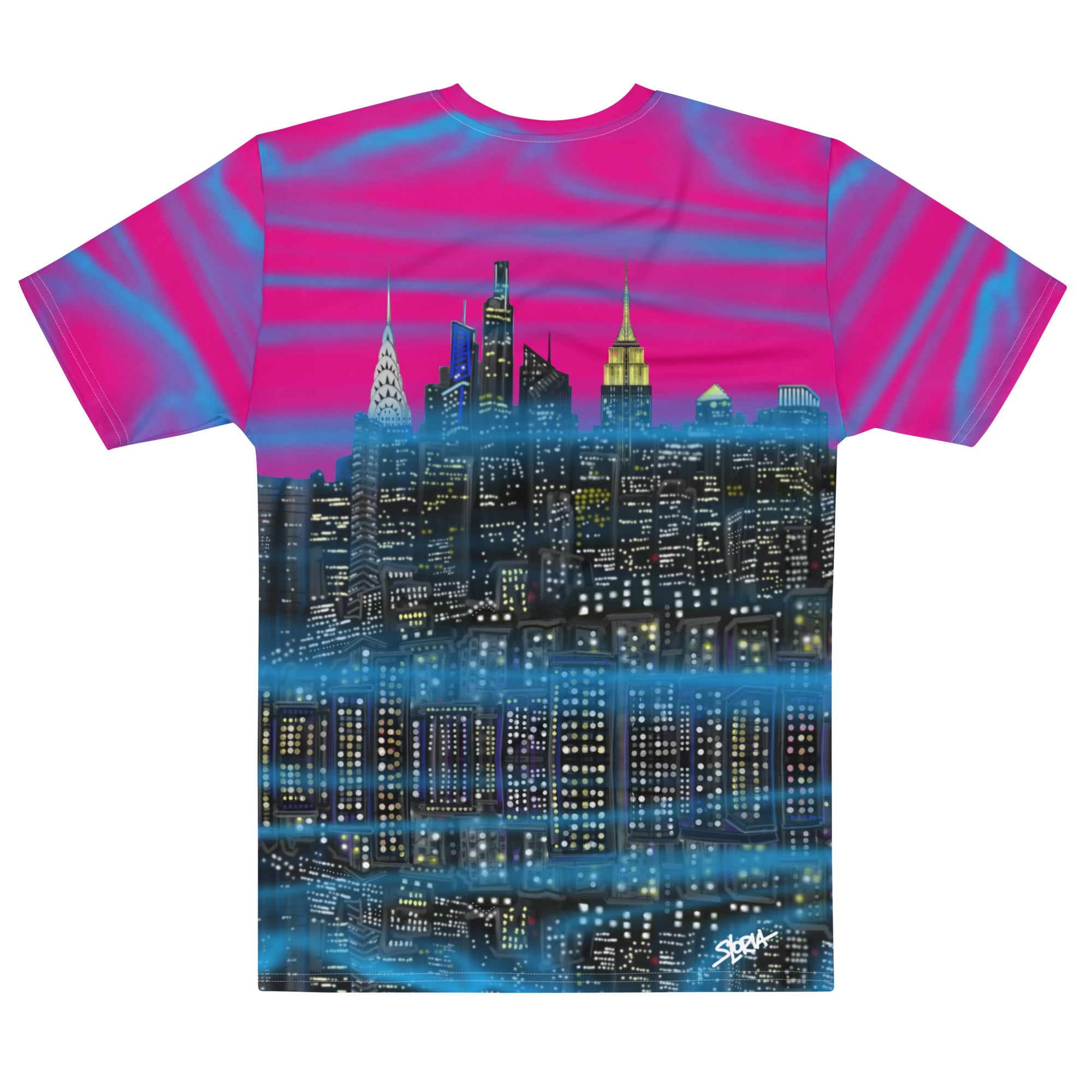 Rear view of T-shirt with a Loria NYC Art cityscape design on a white background