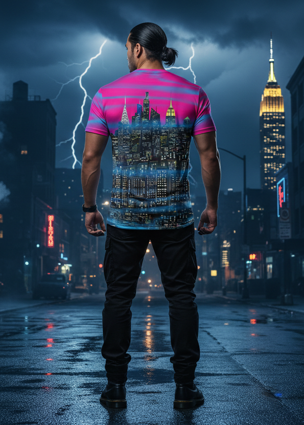 Person wearing a colorful Loria NYC Art shirt with cityscape design standing on a rain-soaked street with lightning in the background.
