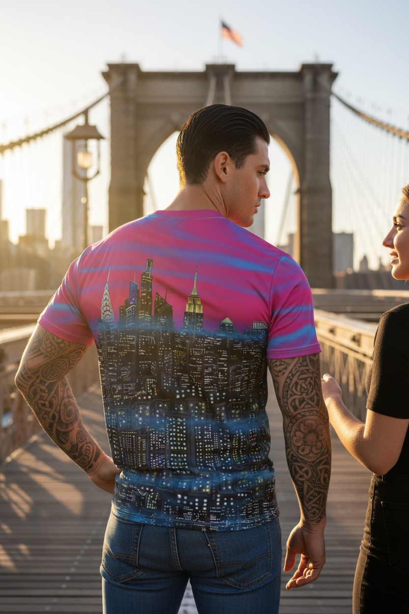Man on Brooklyn bridge with a friend wearing a vibrant Loria NYC Art shirt