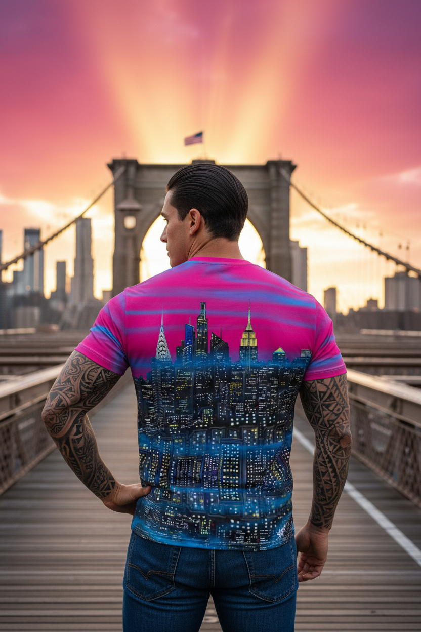 Man wearing a pink and blue t-shirt with a cityscape Loria NYC Art design, standing on a bridge.