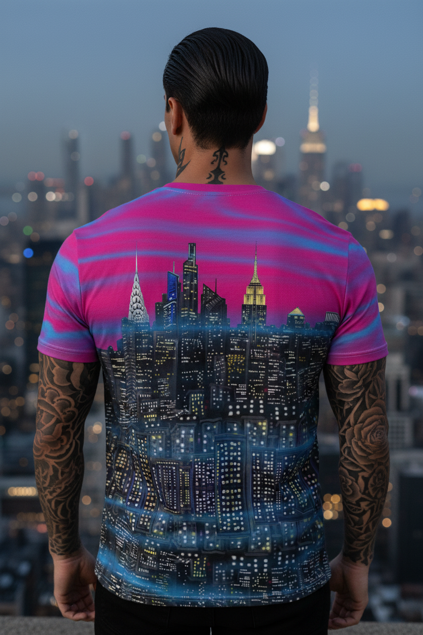 Person wearing a t-shirt with a Loria NYC Art cityscape design, standing against a city skyline at dusk.
