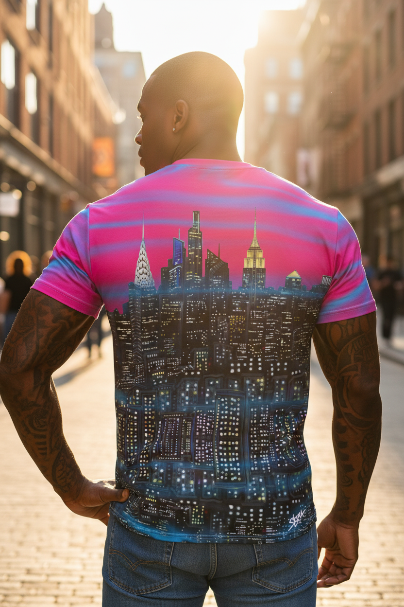 Man wearing a hot pink shirt with a cityscape Loria NYC Art design.