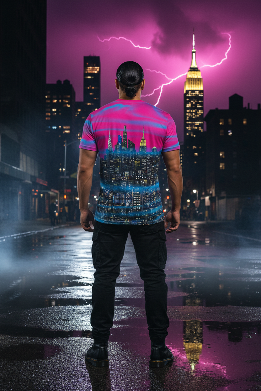 Person wearing a colorful Loria NYC Art shirt with cityscape design, standing on a rain-soaked street with a neon pink sky and lightning.