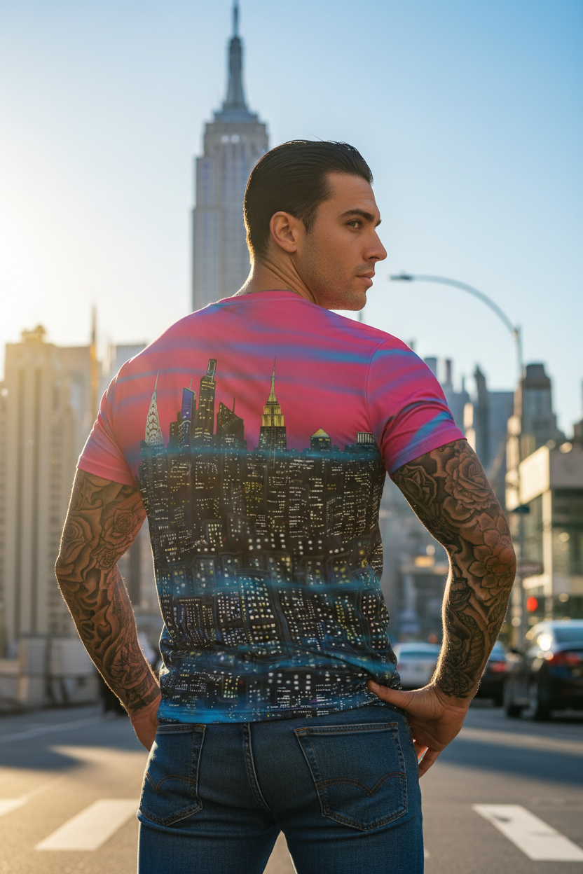 Back view of a man wearing a pink and blue t-shirt with a cityscape Loria NYC Art design.