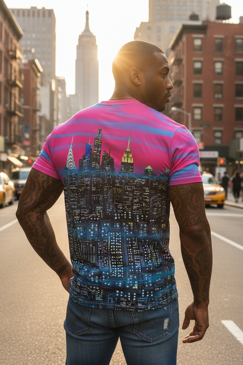 Man wearing a pink and blue t-shirt with a cityscape Loria NYC Art design, standing on a city street.