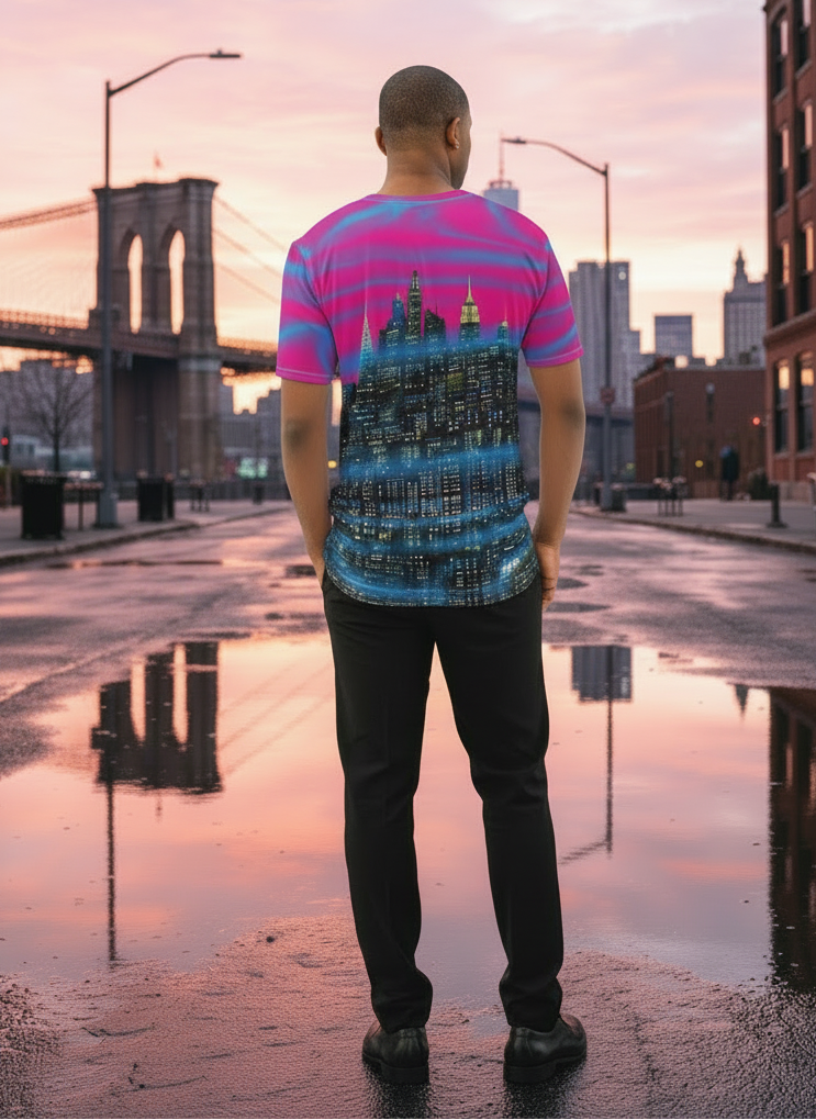 Person standing on a city street at sunset, wearing a colorful Loria NYC Art shirt and gray pants.