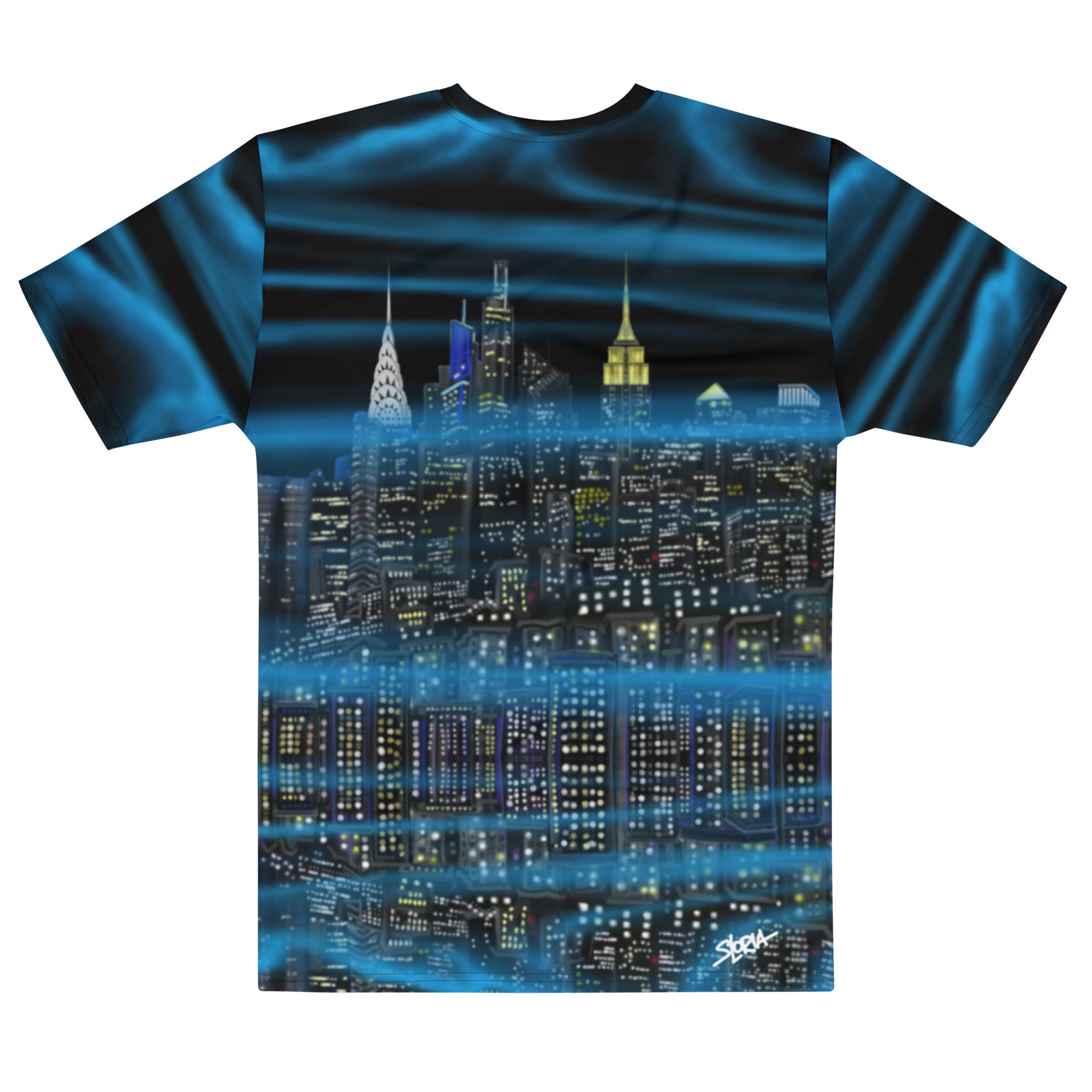 Back of a T-shirt with a cityscape Loria NYC Art design on a white background
