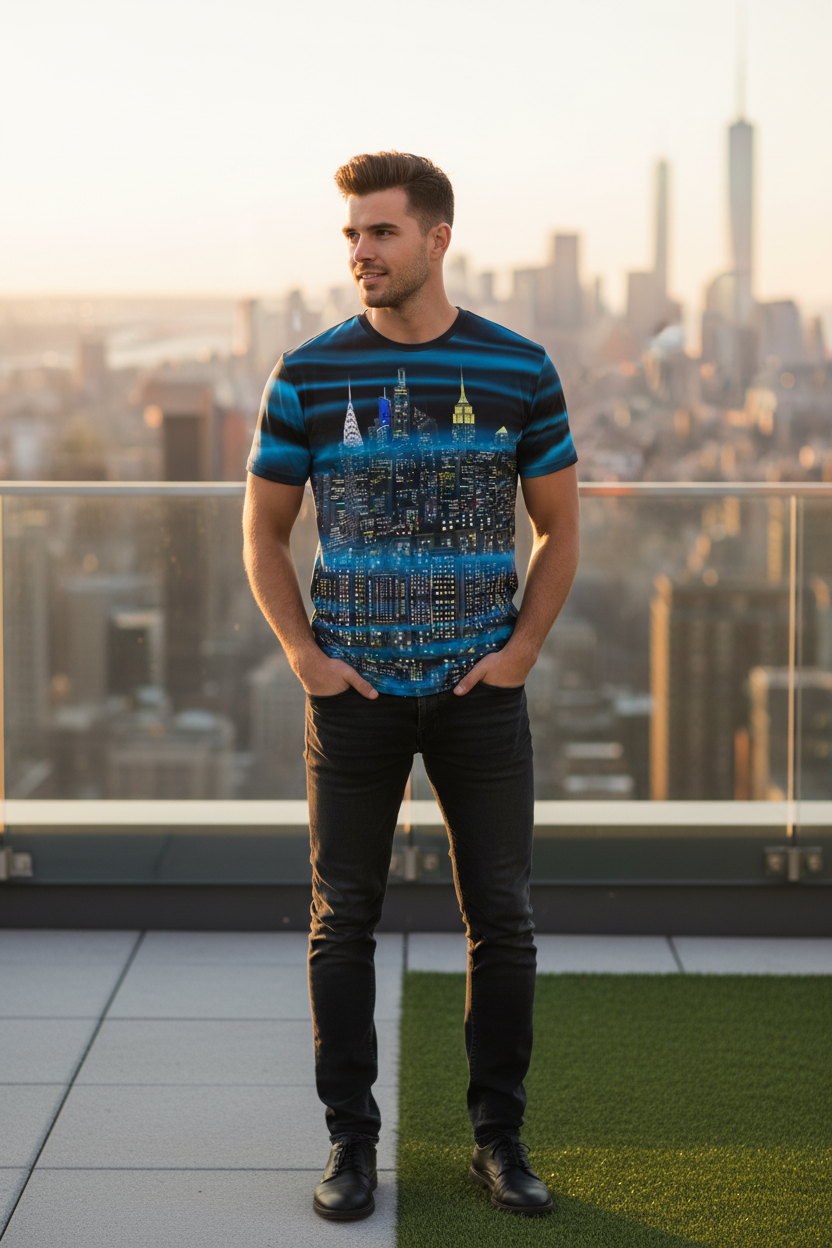 Man wearing a blue and black Loria NYC Art shirt standing on a rooftop with a cityscape background