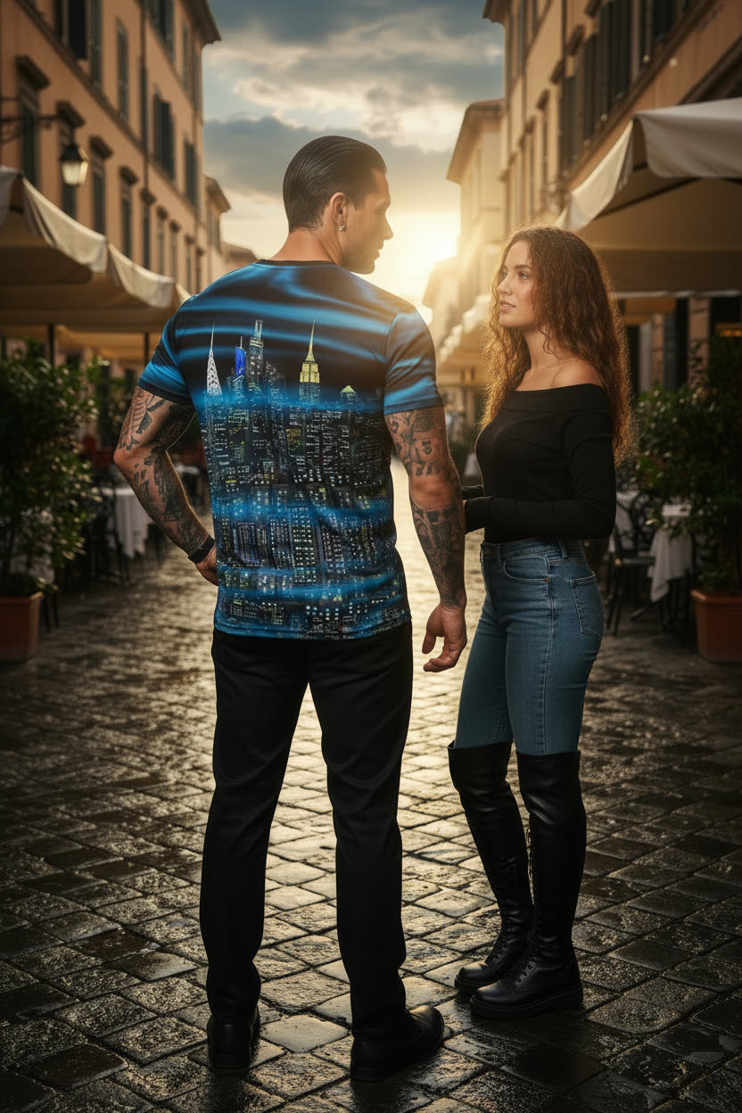 Man talking to a women, wearing a dressy Loria NYC Art shit talking with a friend on a cobblestone street.