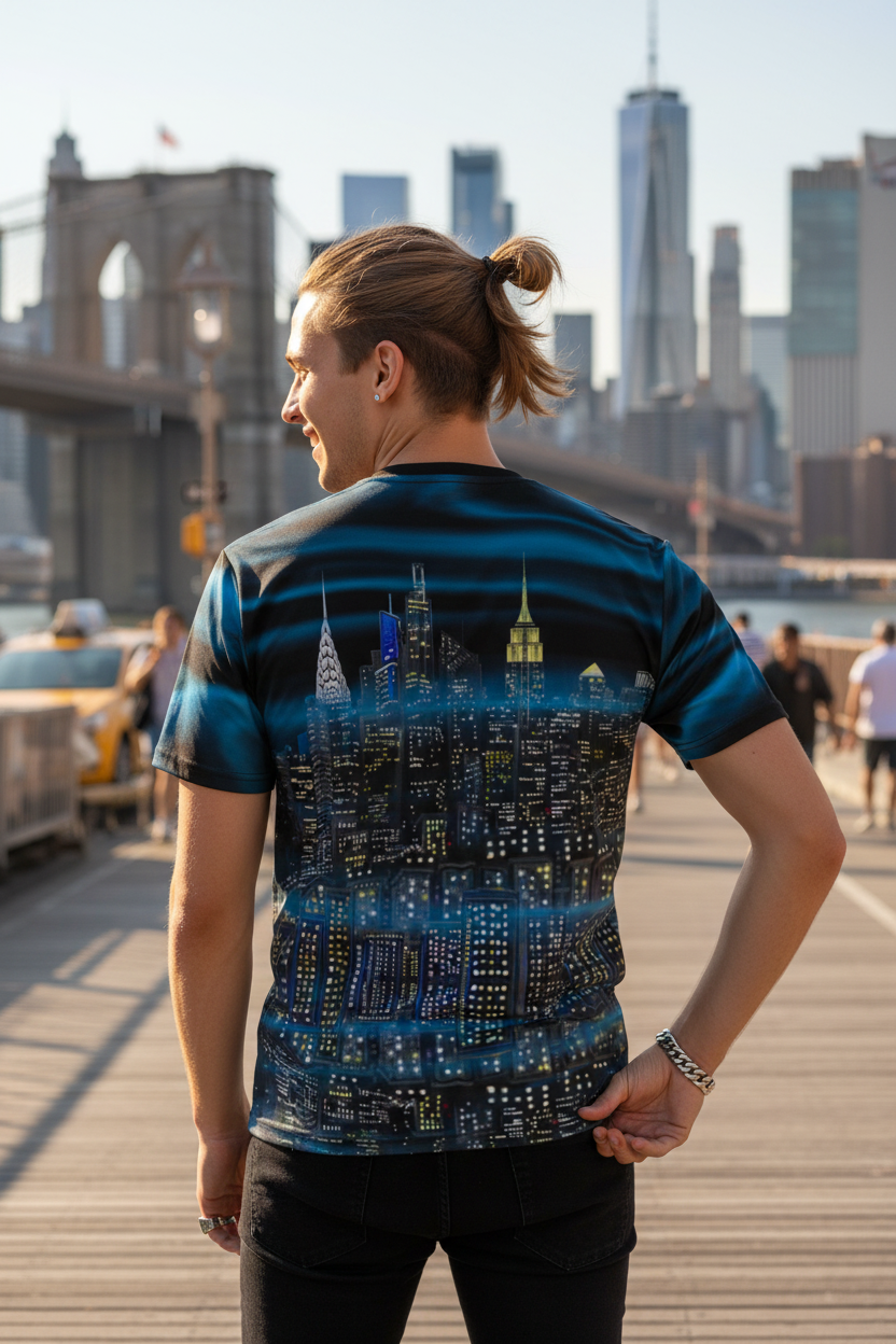 Person wearing a t-shirt with a cityscape Loria NYC Art design, standing on a boardwalk with a city skyline in the background.