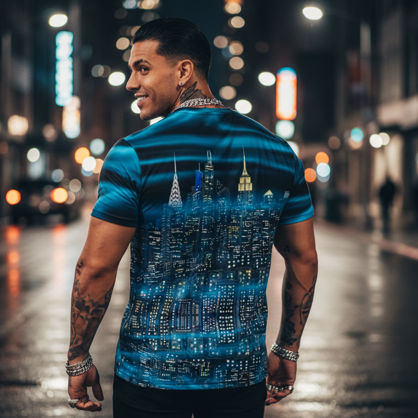 Man wearing a blue cityscape Loria NYC Art shirt on a city street at night