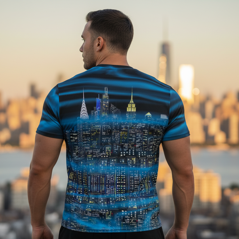Man wearing a Loria NYC Art blue and black cityscape t-shirt with a city skyline in the background.