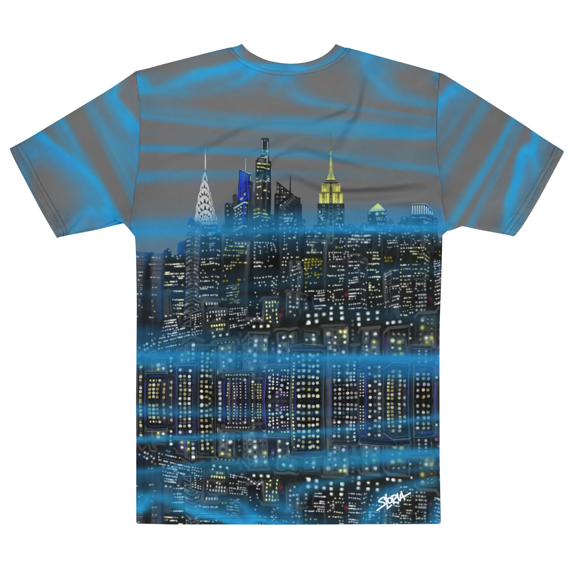 Back of a T-shirt with a cityscape Loria NYC Art design on a white background