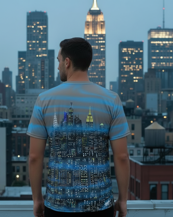 Man wearing a t-shirt with a Loria NYC Art cityscape design, standing on a rooftop with a city skyline in the background.