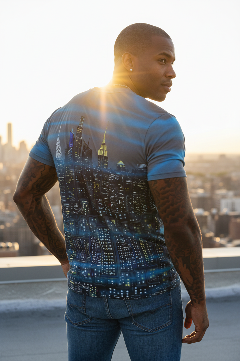 Man posing in a grey Loria NYC Art shirt on a roof top.