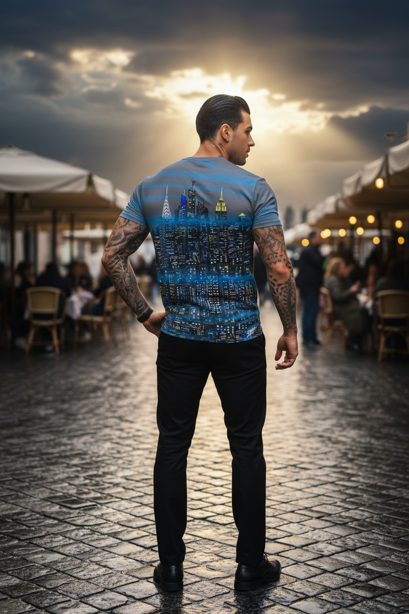 Back view of man posing in a grey Loria NYC Art shirt on wet cobblestone ground.