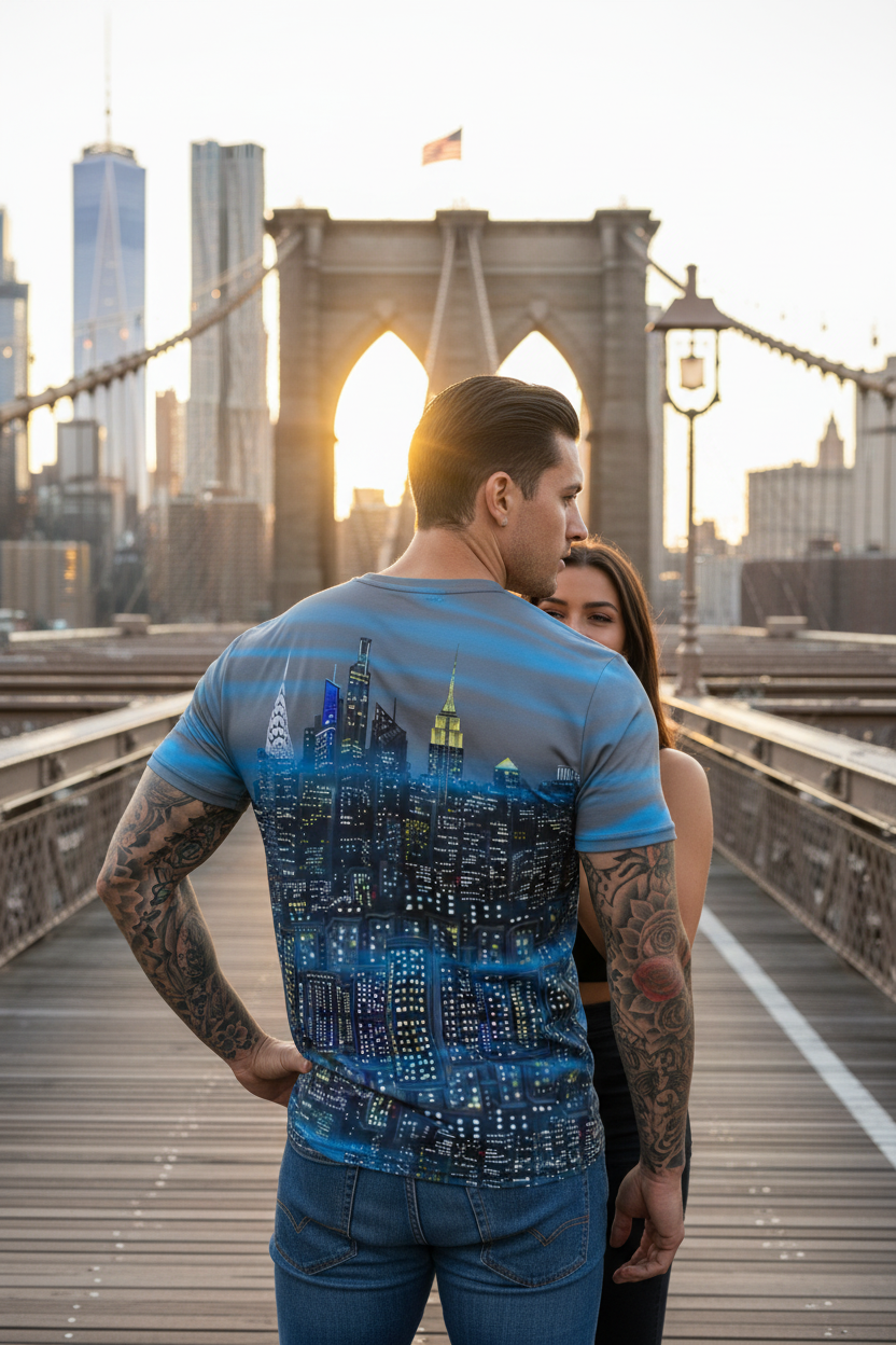 Man standing on the  Brooklyn bridge with a friend wearing a grey Loria NYC Art shirt.