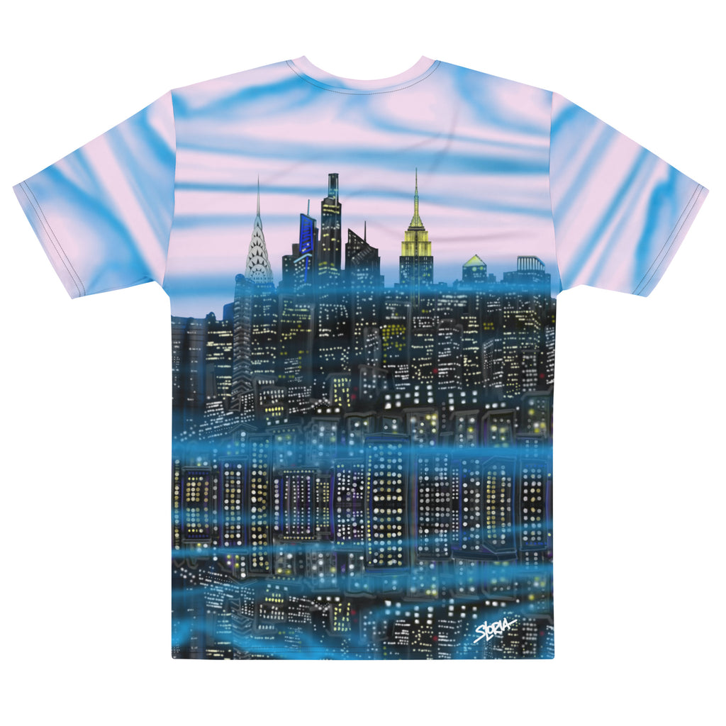 Back of a T-shirt with a cityscape Loria NYC Art design on a white background