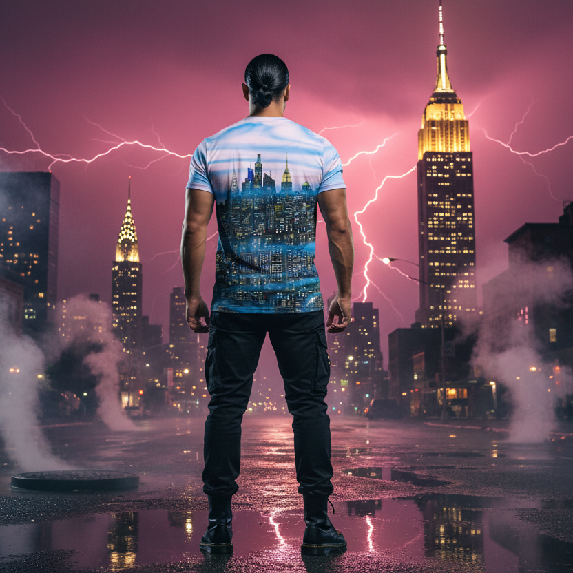 Man standing in a cityscape with lightning and rain, wearing a Loria NYC Art shirt with a city design.