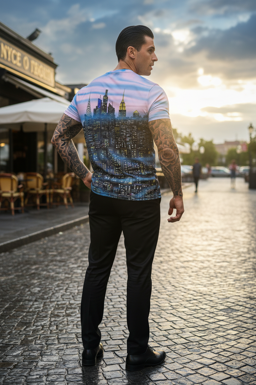 Man standing in a pink and blue Loria NYC Art shirt on a street next to a cafe. 