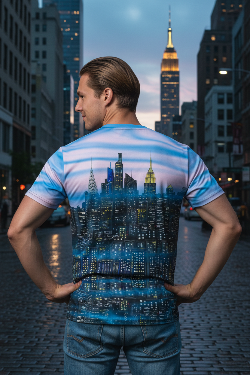 Person wearing a t-shirt with a cityscape Loria NY C Art design, standing in an urban setting at night.