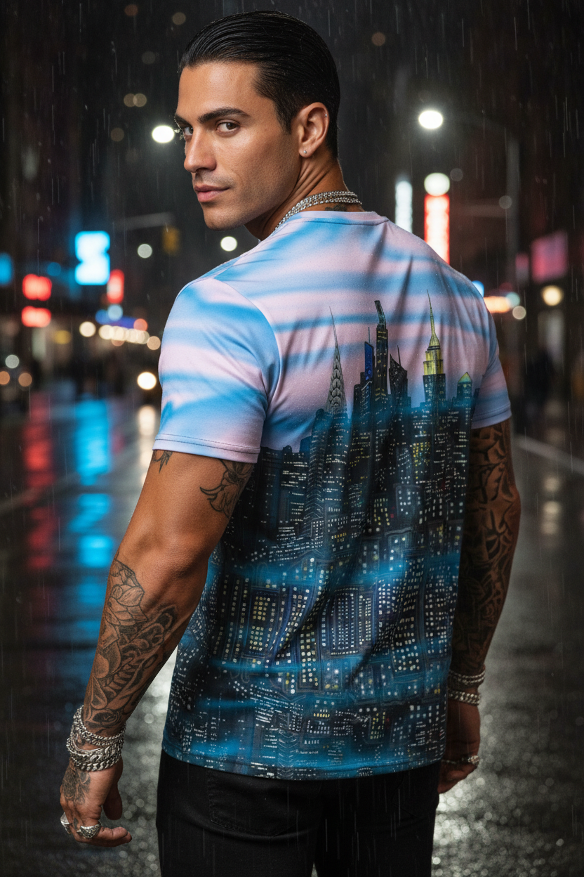 Man wearing a t-shirt with a Loria NYC Art cityscape design on a city street at night.