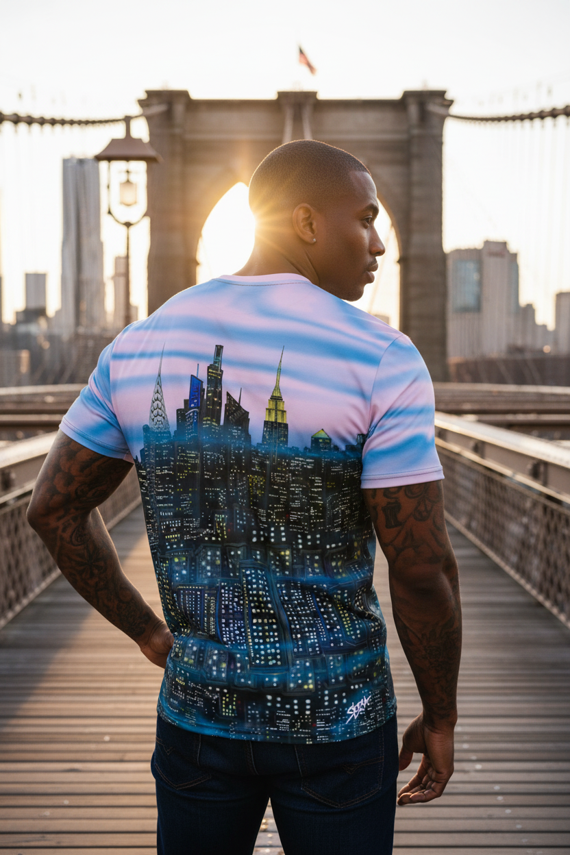 Man wearing a pink Loria NYC Art shirt on the Brooklyn bridge.