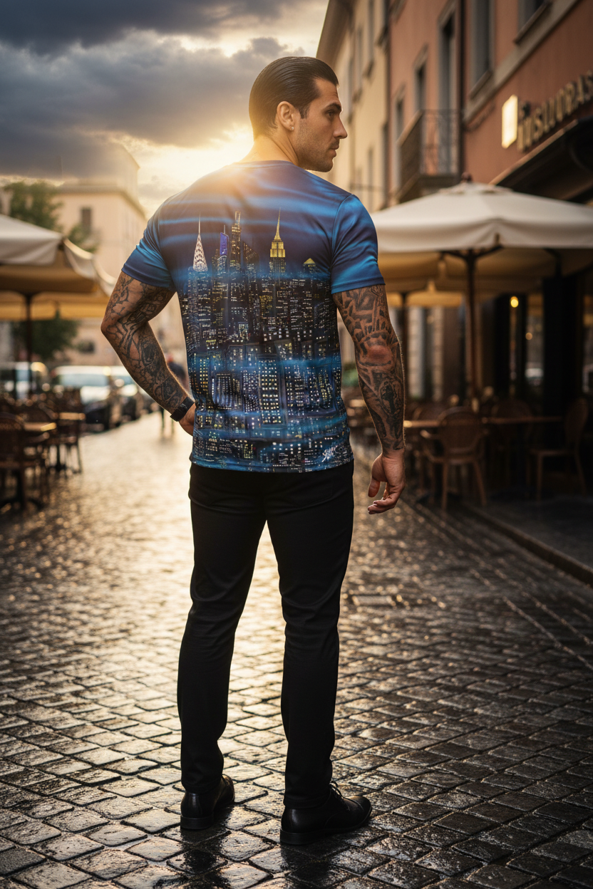 Man wearing a blue Loria NYC Art shirt on a city street outside a cafe 