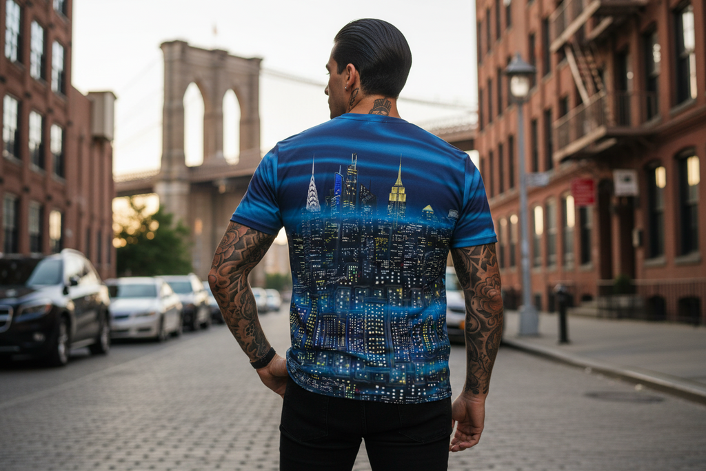 Man wearing a blue t-shirt with a cityscape Loria NYC Art design, standing on a street with a bridge in the background.
