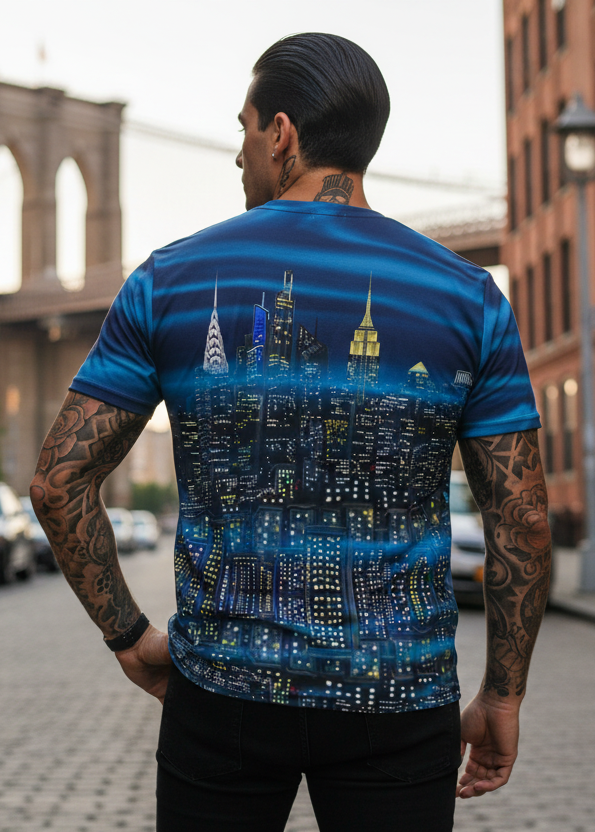 Man wearing a blue t-shirt with a cityscape Loria NYC Art design, standing on a street.
