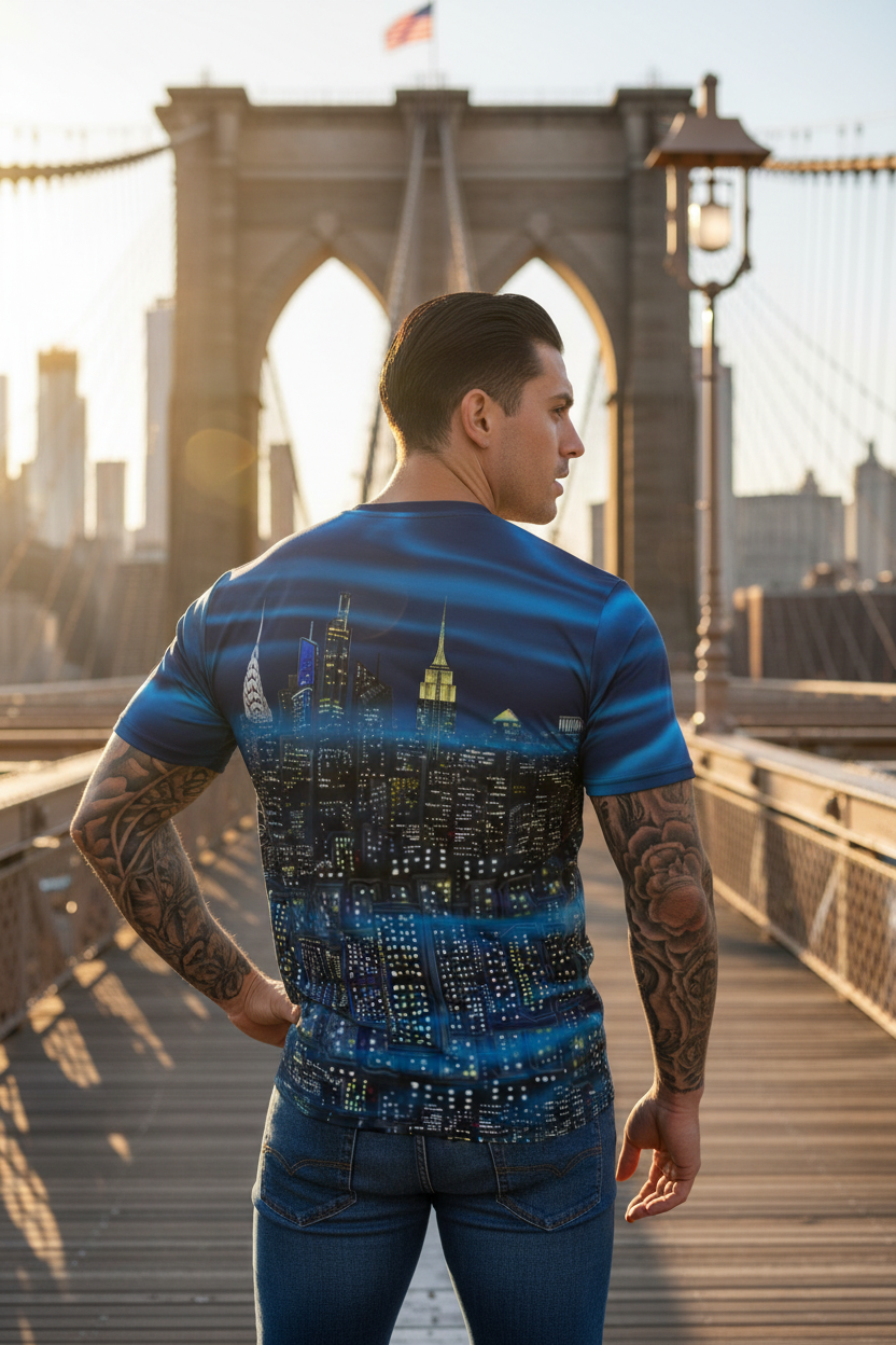 Man standing on Brooklyn bridge posing in a Loria NYC Art shirt 