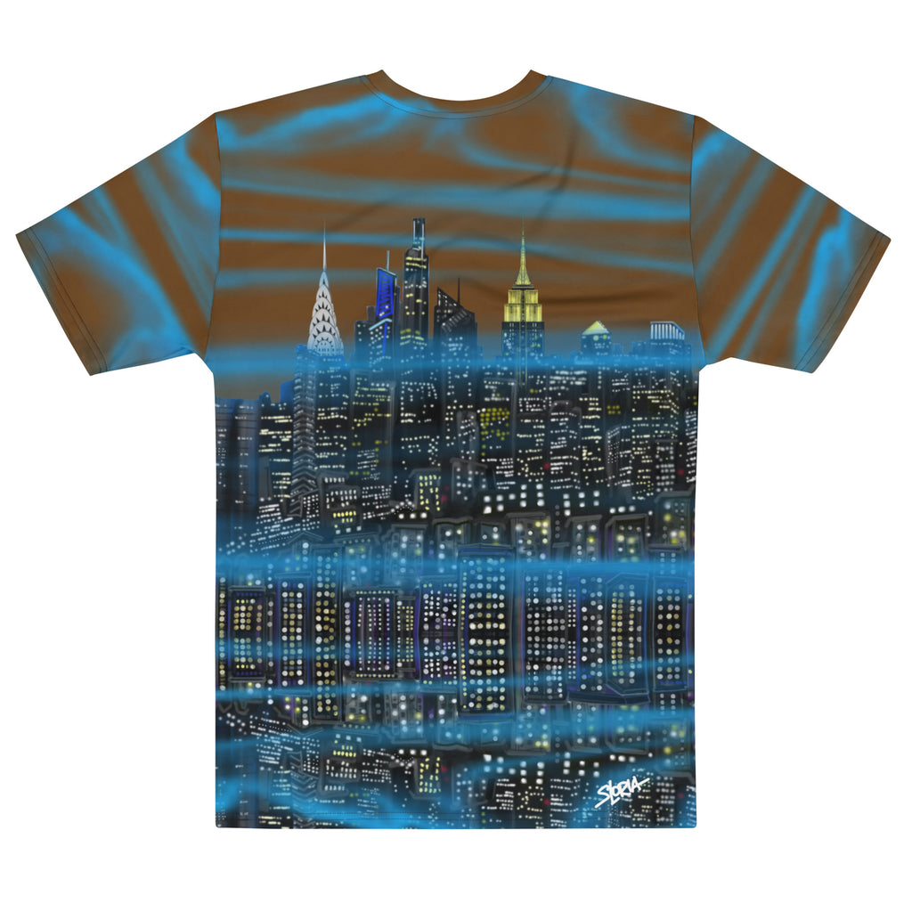 Back of a T-shirt with a Loria NYC Art cityscape design on a white background